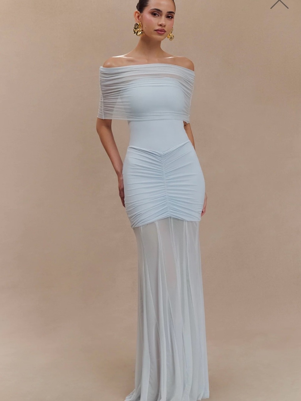 Meshki Off-Shoulder Ruched Maxi Gown in Light Blue